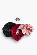 Lot de 3 chouchous satin plissé (Noir, Rouge, Rose poudré)